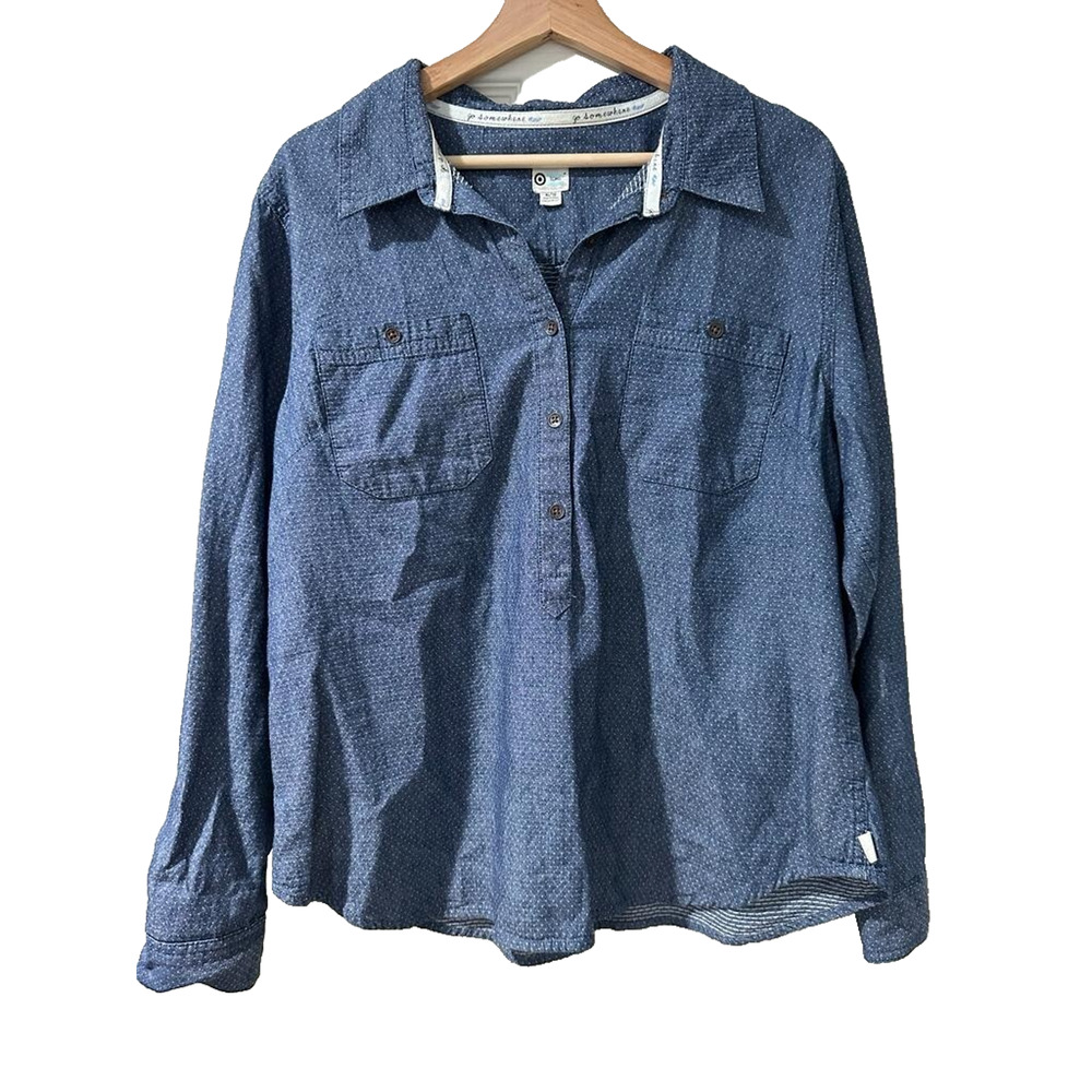 Toms Shirt Womens Blue White Polka Dots Demim Long Sleeve Top Cotton XL A003372